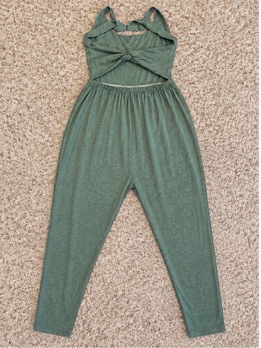 Halara Easy Peezy Harem Jumpsuit L Sage Green Twisted Open Back Pockets NWT